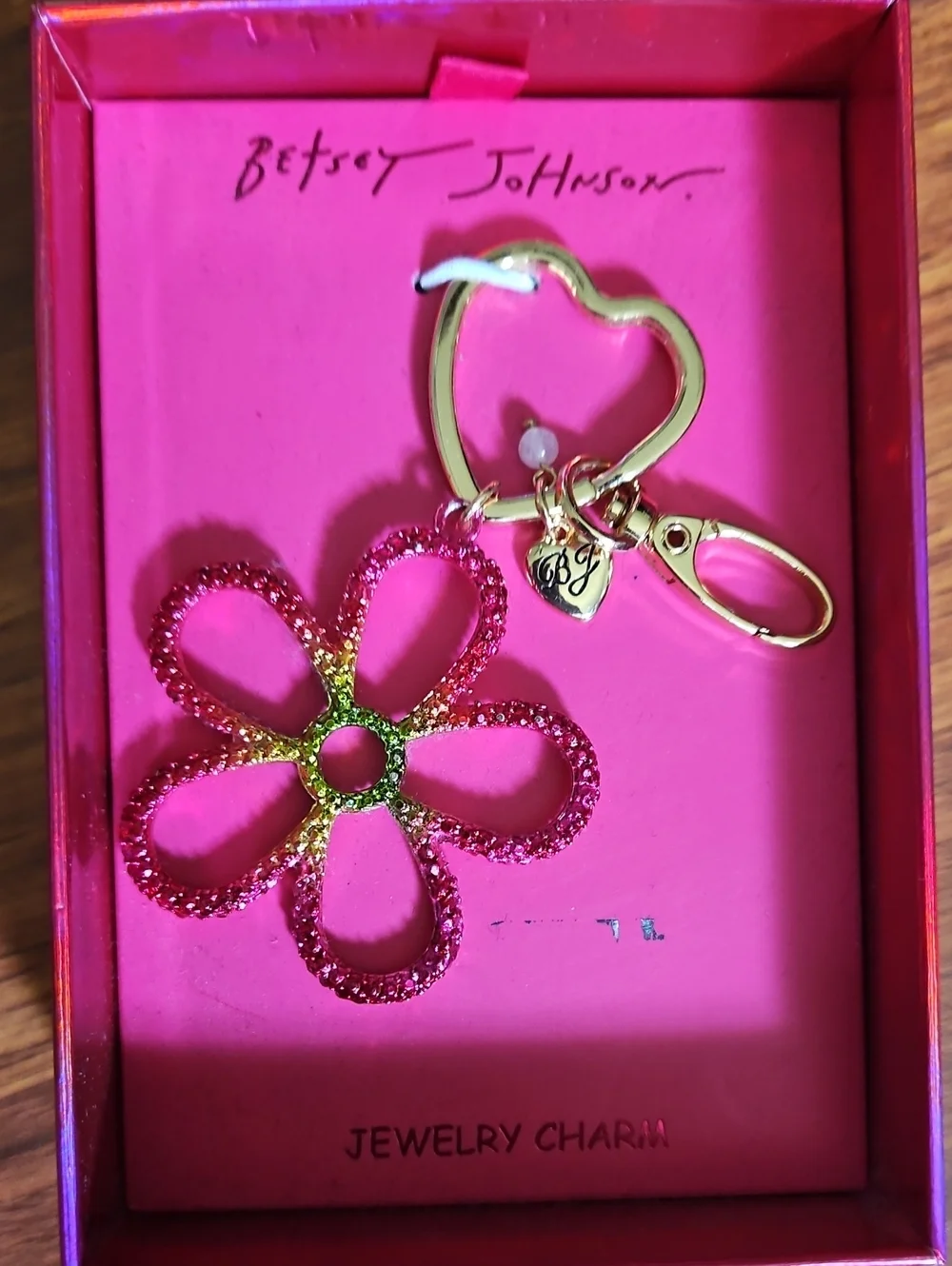Betsey Johnson Flower Bag Charm Keychain Pink Green Gold-tone